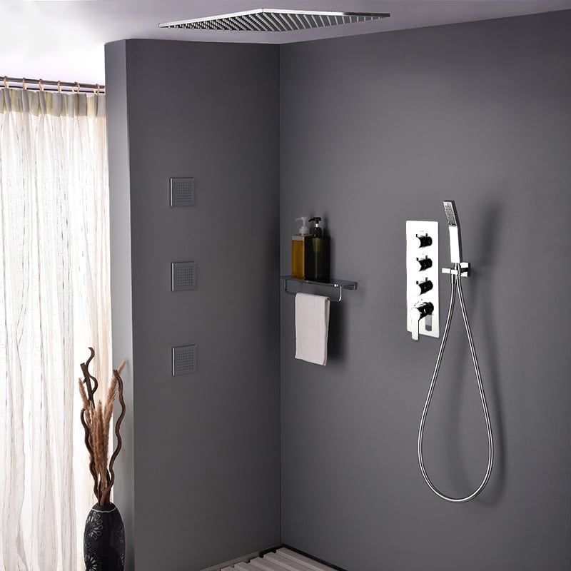 Questions and Answers for Modern 16" Chrome Thermostatic Rain Shower System with Handheld Shower & 3 Body Sprays