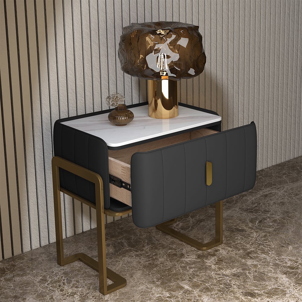 Questions and Answers for Black PU Leather Single Drawer Bedroom Nightstand Bedside Table with Sintered Stone Top