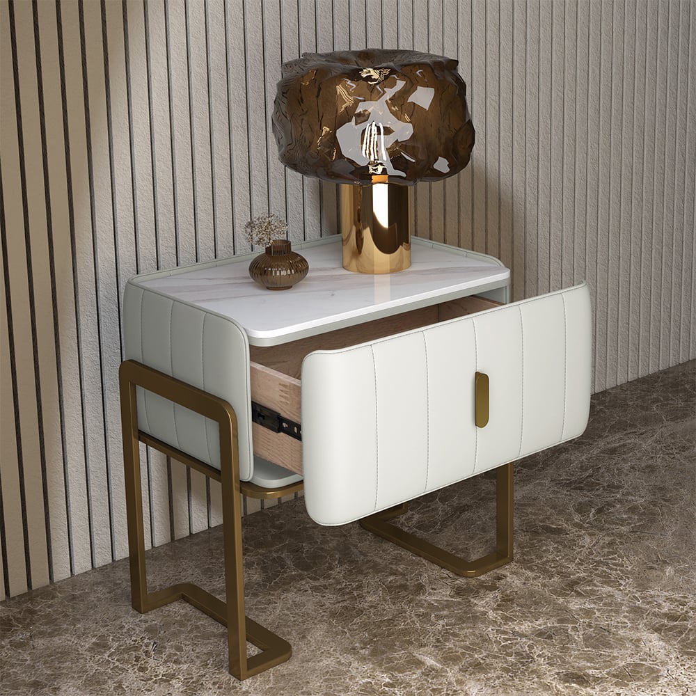 Questions and Answers for White PU Leather Single Drawer Bedroom Nightstand Bedside Table with Sintered Stone Top