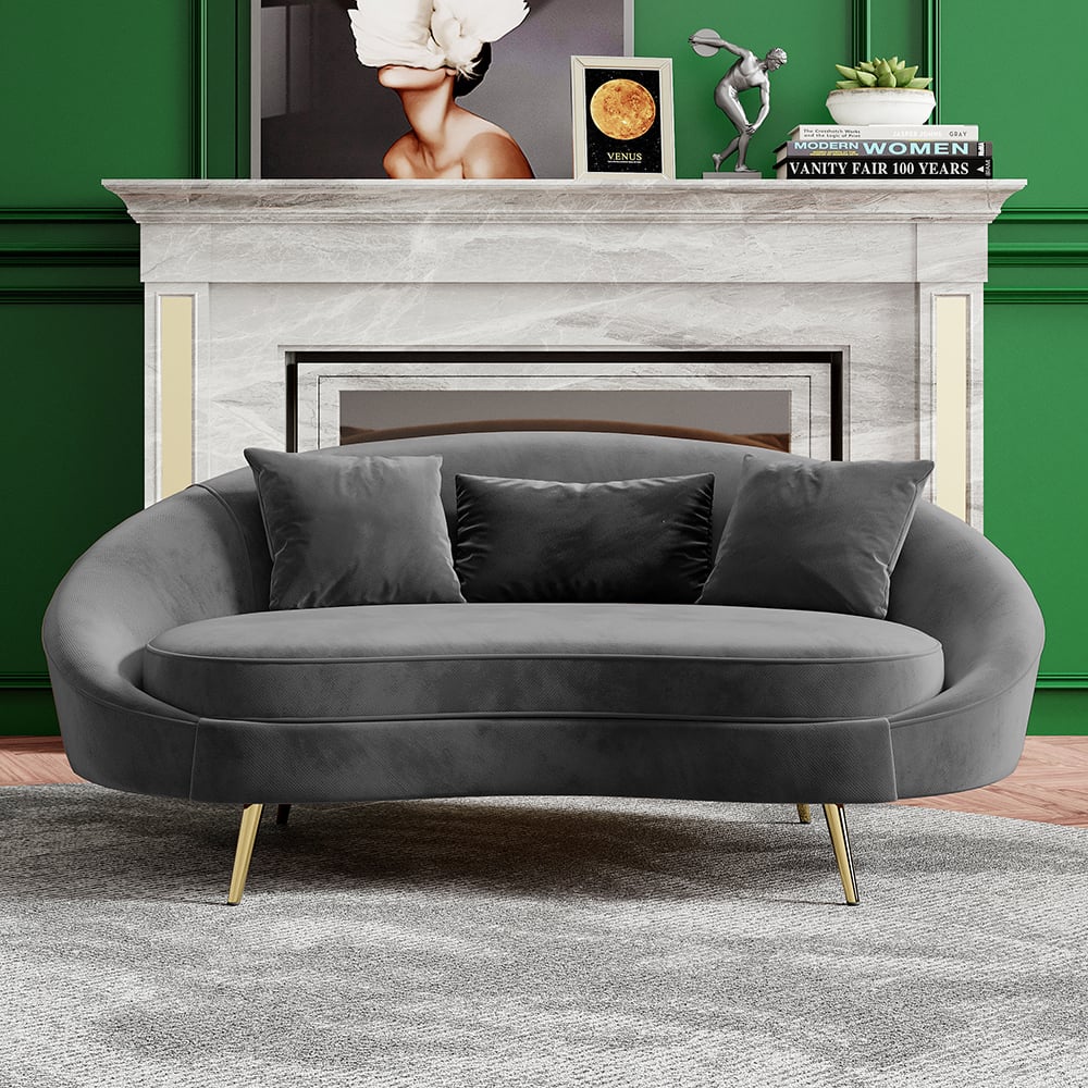 Questions and Answers for 65" Velvet Curved Sofa with Gold Legs & Pillows