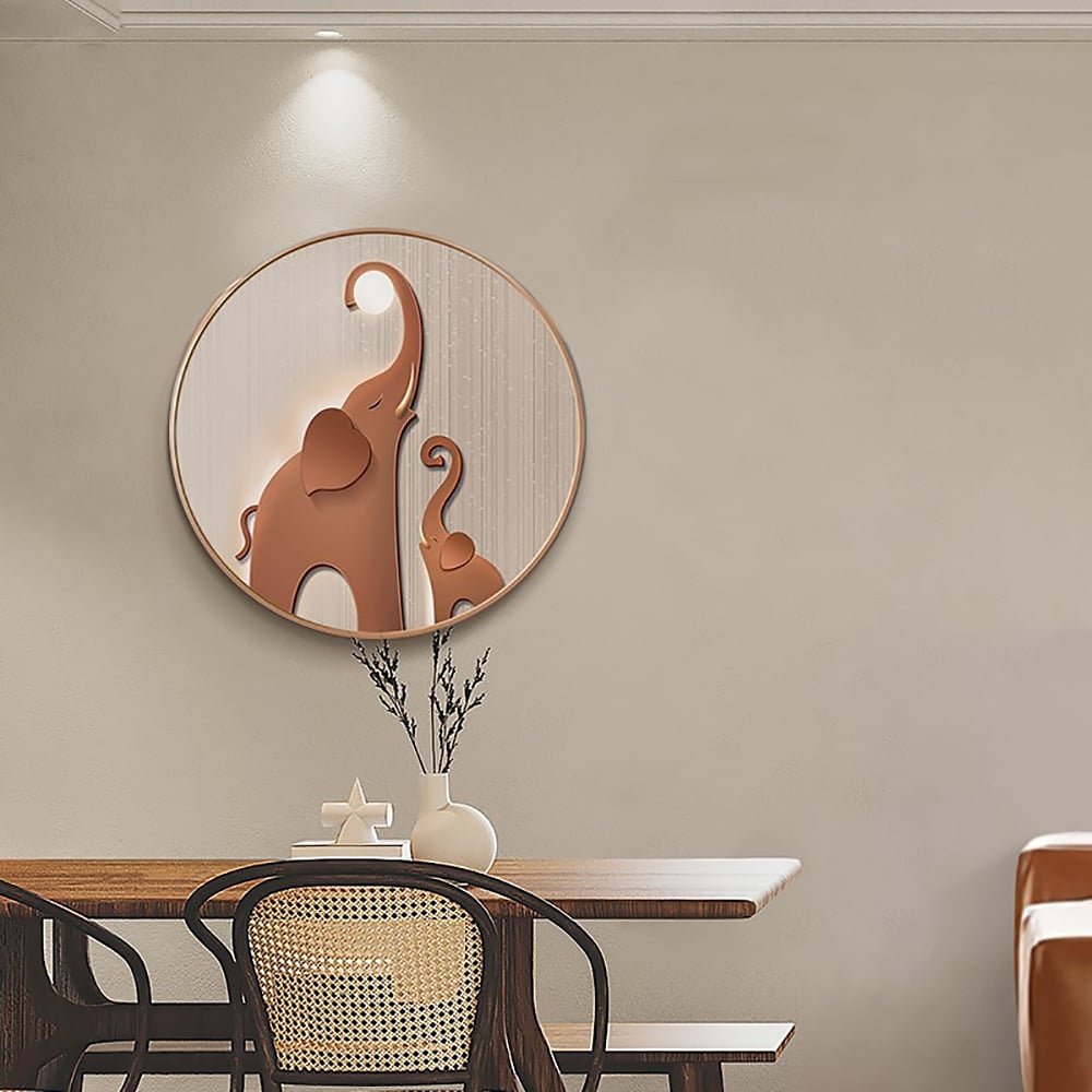 Questions and Answers for Realid Modern Round Elephant Wall Decor for Living Room Cute Painting with Frame Brown