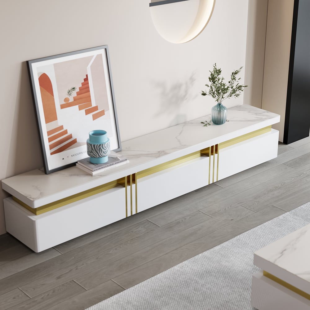 Questions and Answers for Trimied White TV Stand Sintered Stone Media Console 3 Drawers Storage for TV Up to 85"