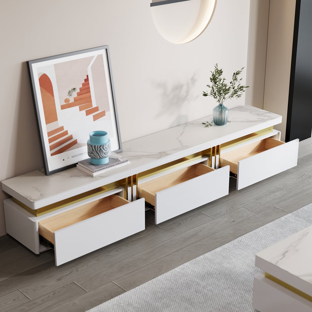 Questions and Answers for Trimied White TV Stand Sintered Stone Media Console 3 Drawers Storage for TV Up to 85"