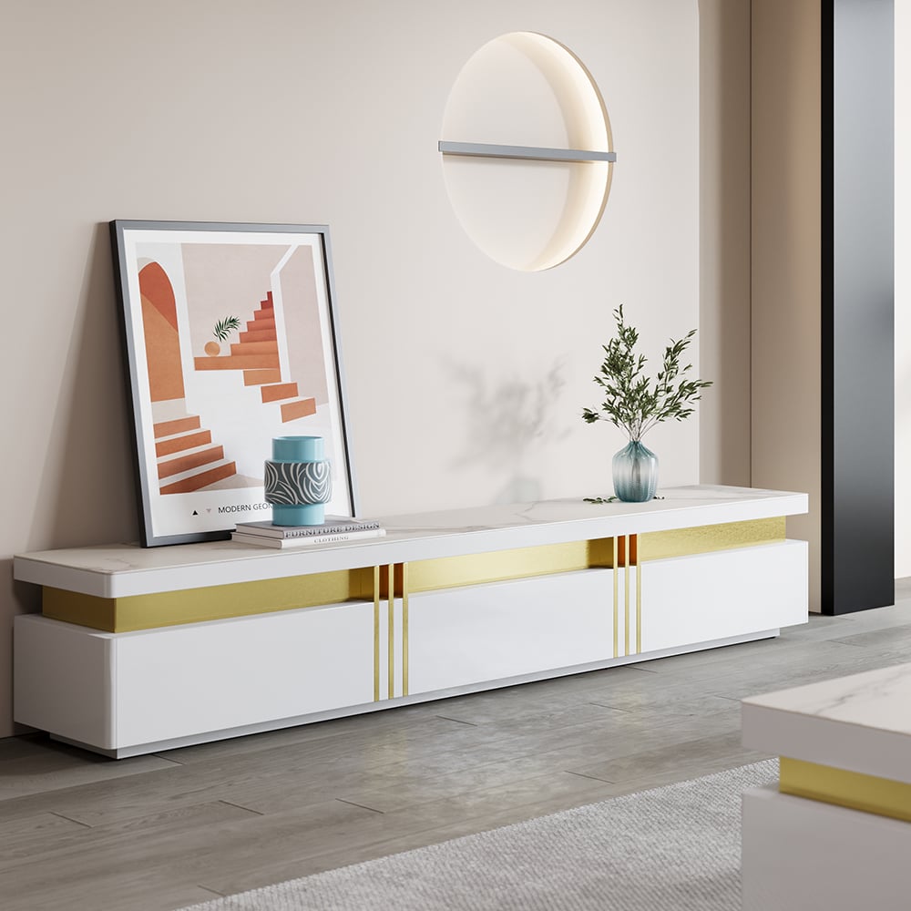 Questions and Answers for Trimied White TV Stand Sintered Stone Media Console 3 Drawers Storage for TV Up to 85"