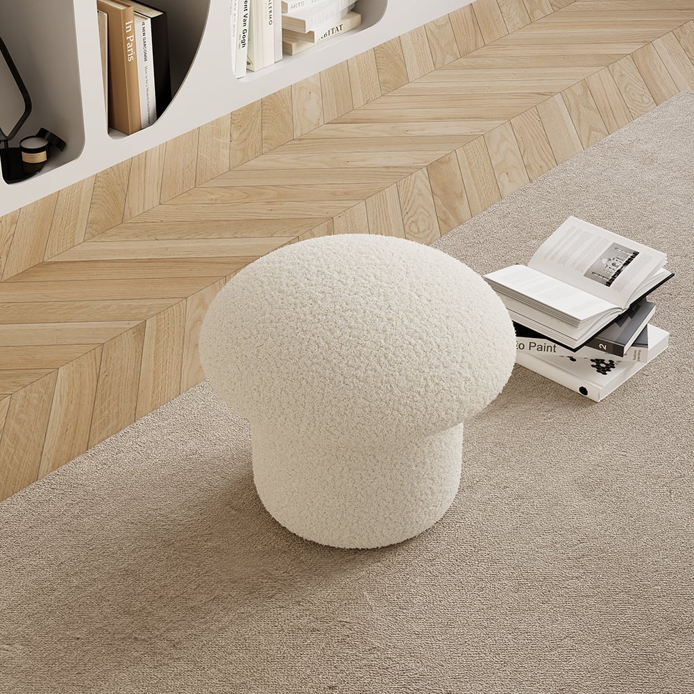 Modern White Boucle Mushroom Ottoman Upholstered Pouf Novelty Footstool Cute Footrest window image