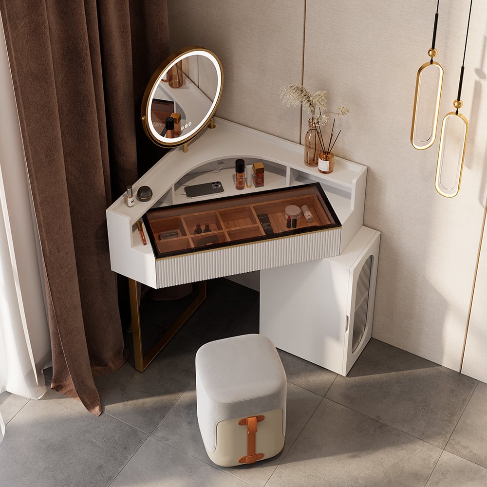 Avis Clients sur Ensemble table de maquillage d'angle blanc moderne avec dessus en acrylique, miroir, tabouret et armoire