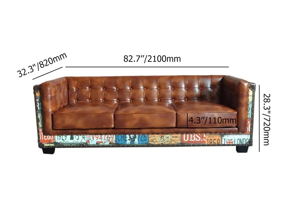 Vintage Industrial Loft 3-Seater Sofa Tufted Brown Faux Leather Upholstered Sofa weights dimensions image