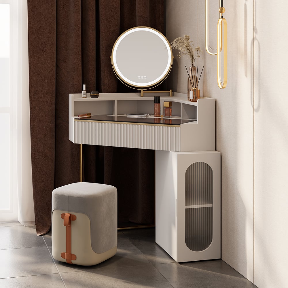 Avis Clients sur Ensemble table de maquillage d'angle blanc moderne avec dessus en acrylique, miroir, tabouret et armoire