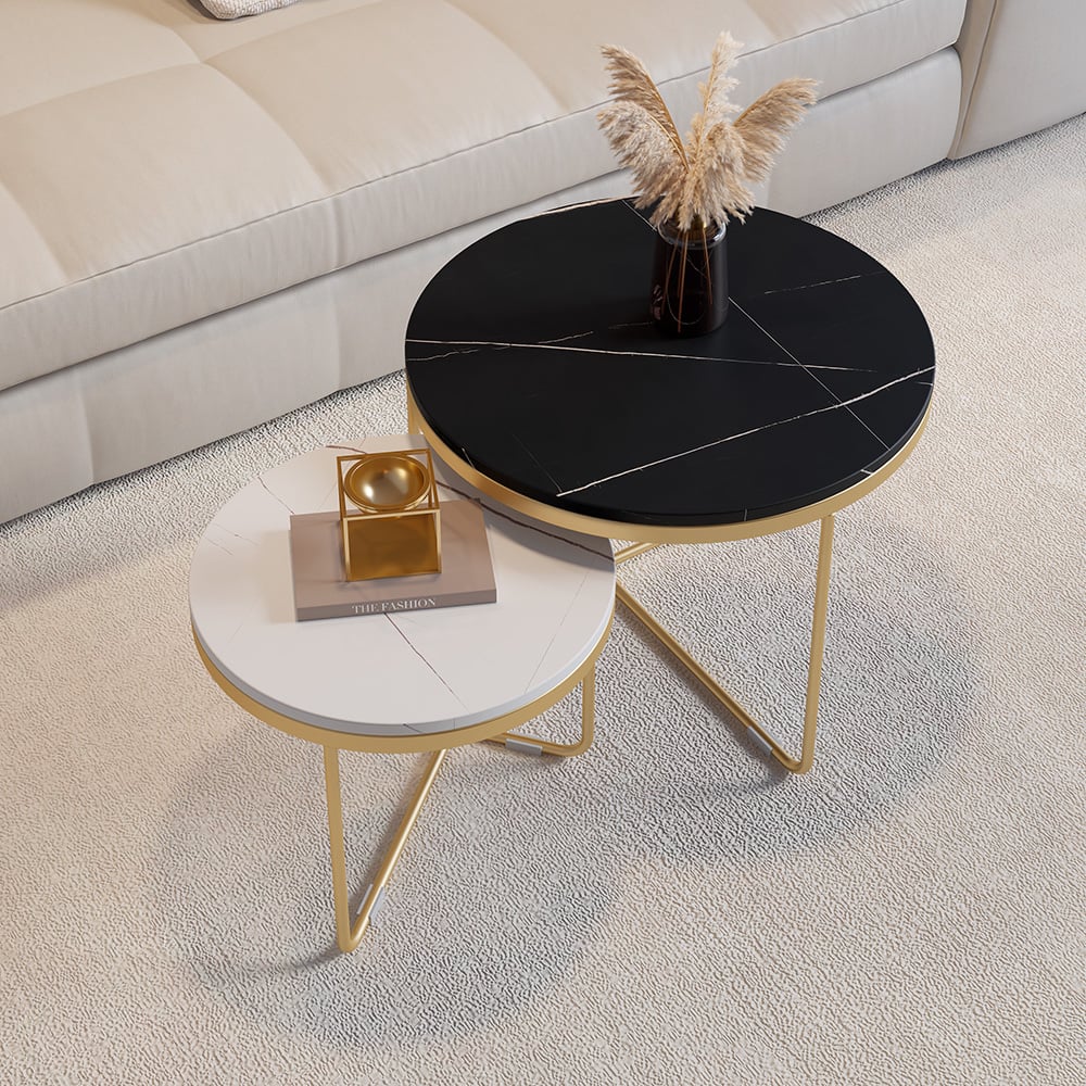 Avis Clients sur Ensemble de table basse gigogne ronde moderne, 2 pièces, dessus en pierre noire et blanche, base dorée