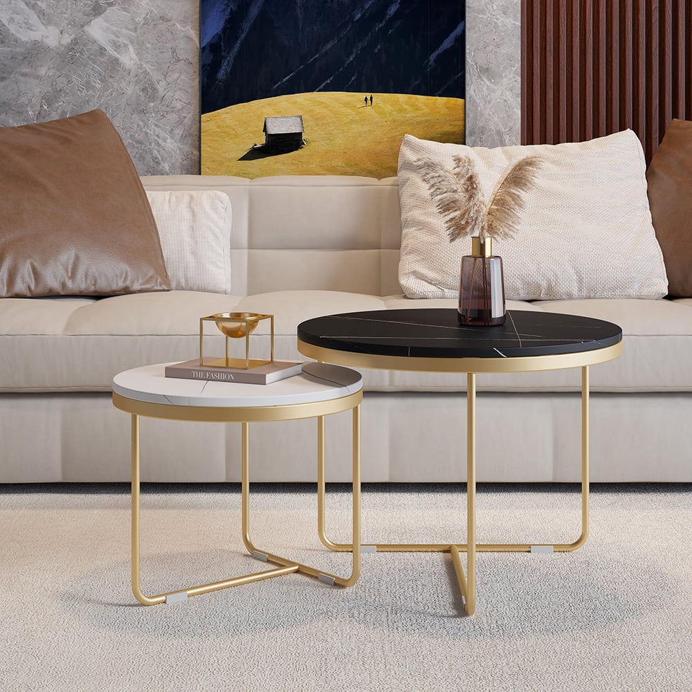 Avis Clients sur Ensemble de table basse gigogne ronde moderne, 2 pièces, dessus en pierre noire et blanche, base dorée