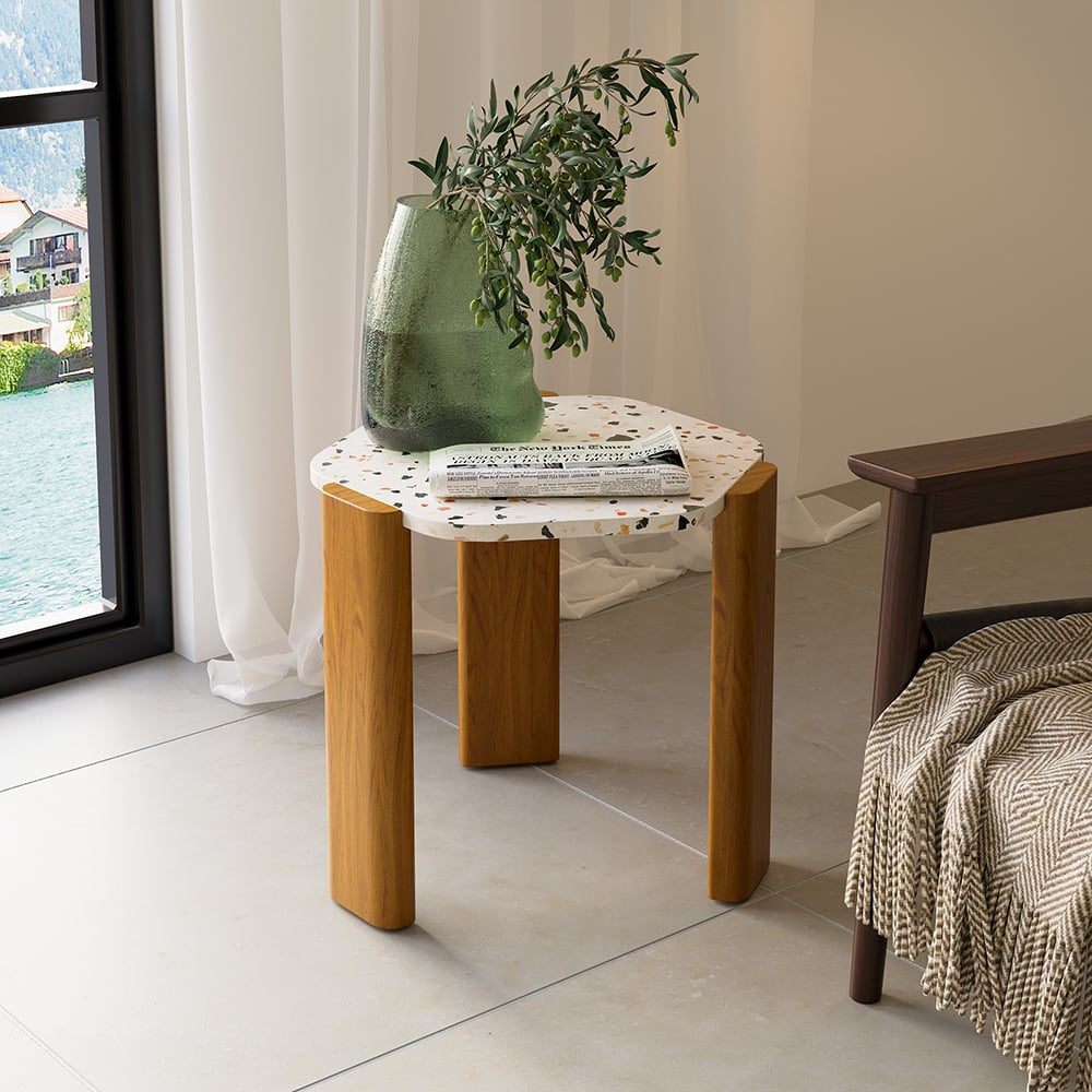 Questions and Answers for White Hexagon Terrazzo Side Table with 3 Legs End Table Pine Wood in Natural