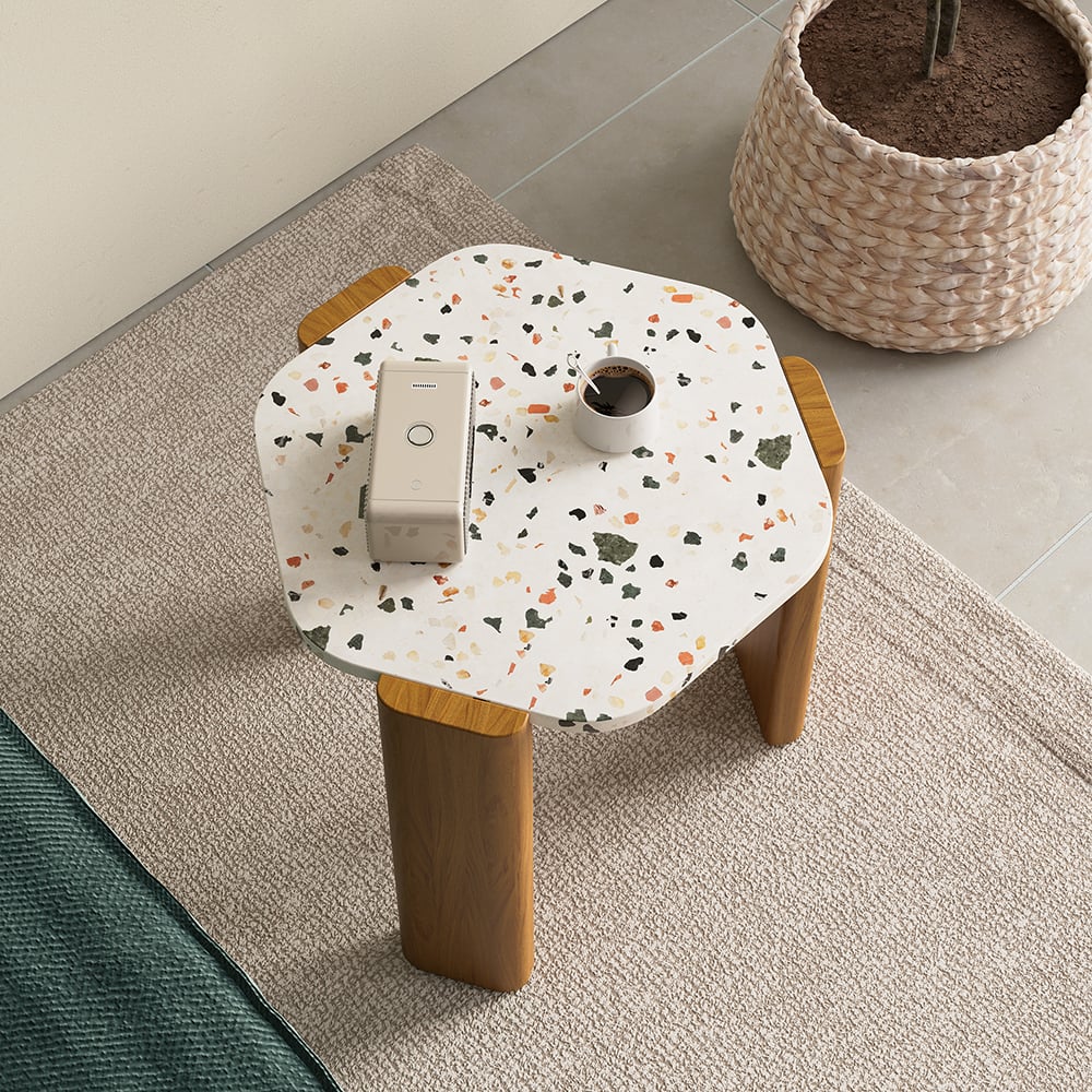 Questions and Answers for White Hexagon Terrazzo Side Table with 3 Legs End Table Pine Wood in Natural