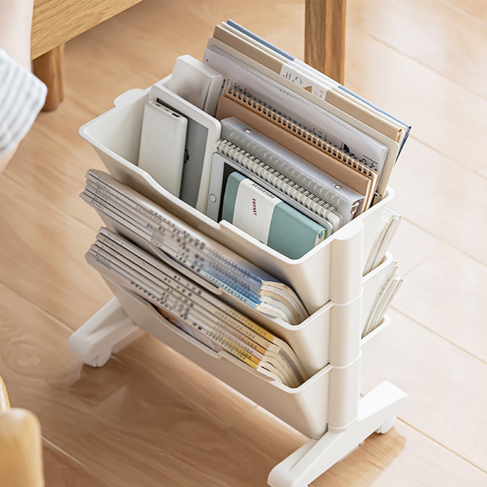 Questions and Answers for Modern 3-Tier Magazine Organiser Holder White Book Cart with Ample Open Storage