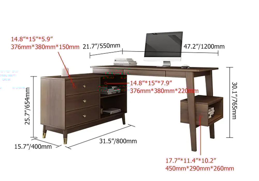 Ultic L Shaped Desk with Drawers, 47.2" Walnut Computer Desk Home Office weights dimensions image