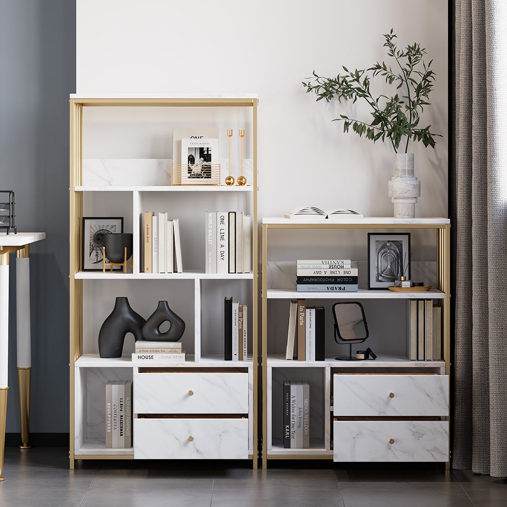Questions and Answers for Modern White Bookshelf  Wood Book Shelf with 2 Drawers in Gold Metal Frame