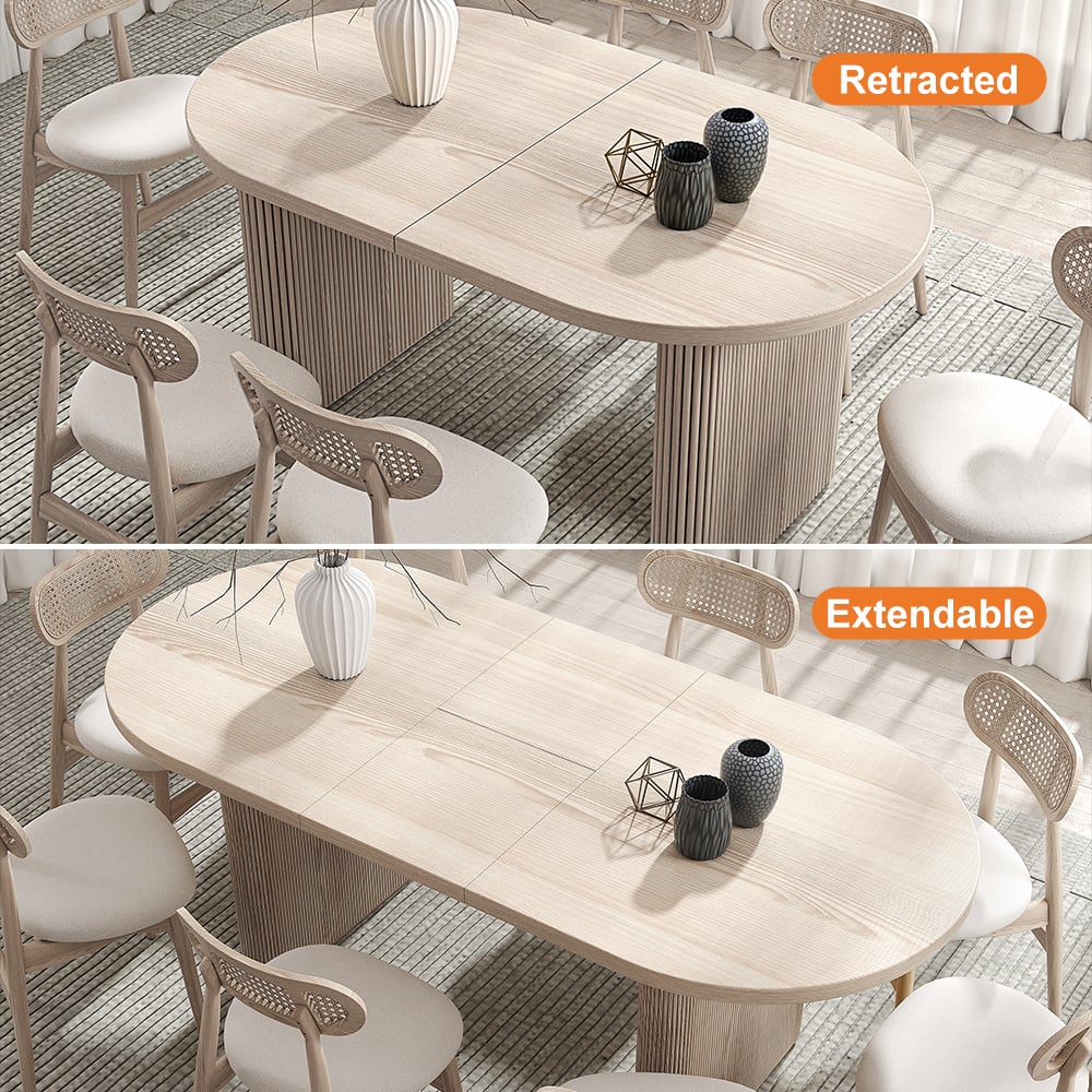 Japandi 63"-79" Oval Extendable Whitewash Dining Table Butterfly Leaf 6 Seater