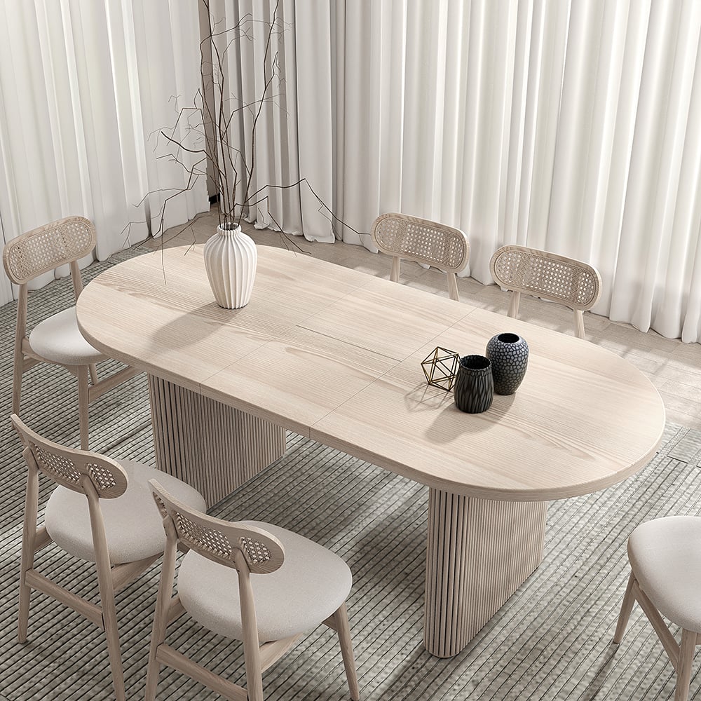 Japandi 63"-79" Oval Extendable Whitewash Dining Table Butterfly Leaf 6 Seater