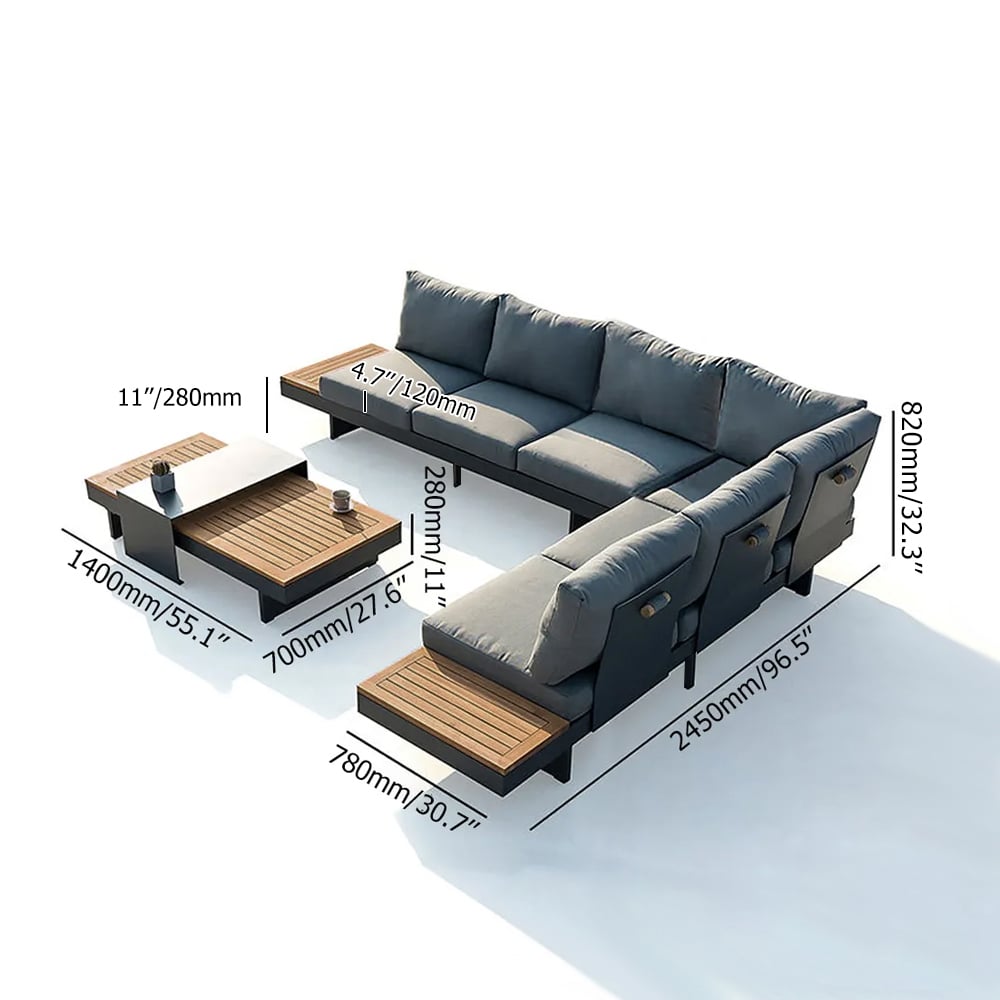 5-Pieces Modular Teak Outdoor Sofa Set with Smokeless Fire Pit for 6 Person in Gray
