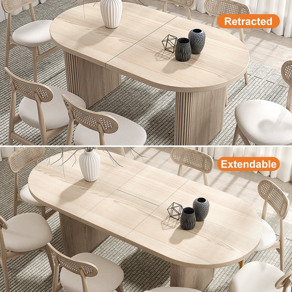 Japandi 79"-94" Oval Extendable Whitewash Dining Table Butterfly Leaf 6-10 Seater