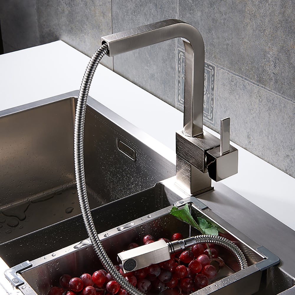 Questions and Answers for Contemporary Single Handle Square Pull-Out Brass Kitchen Faucet in Brushed Nickel