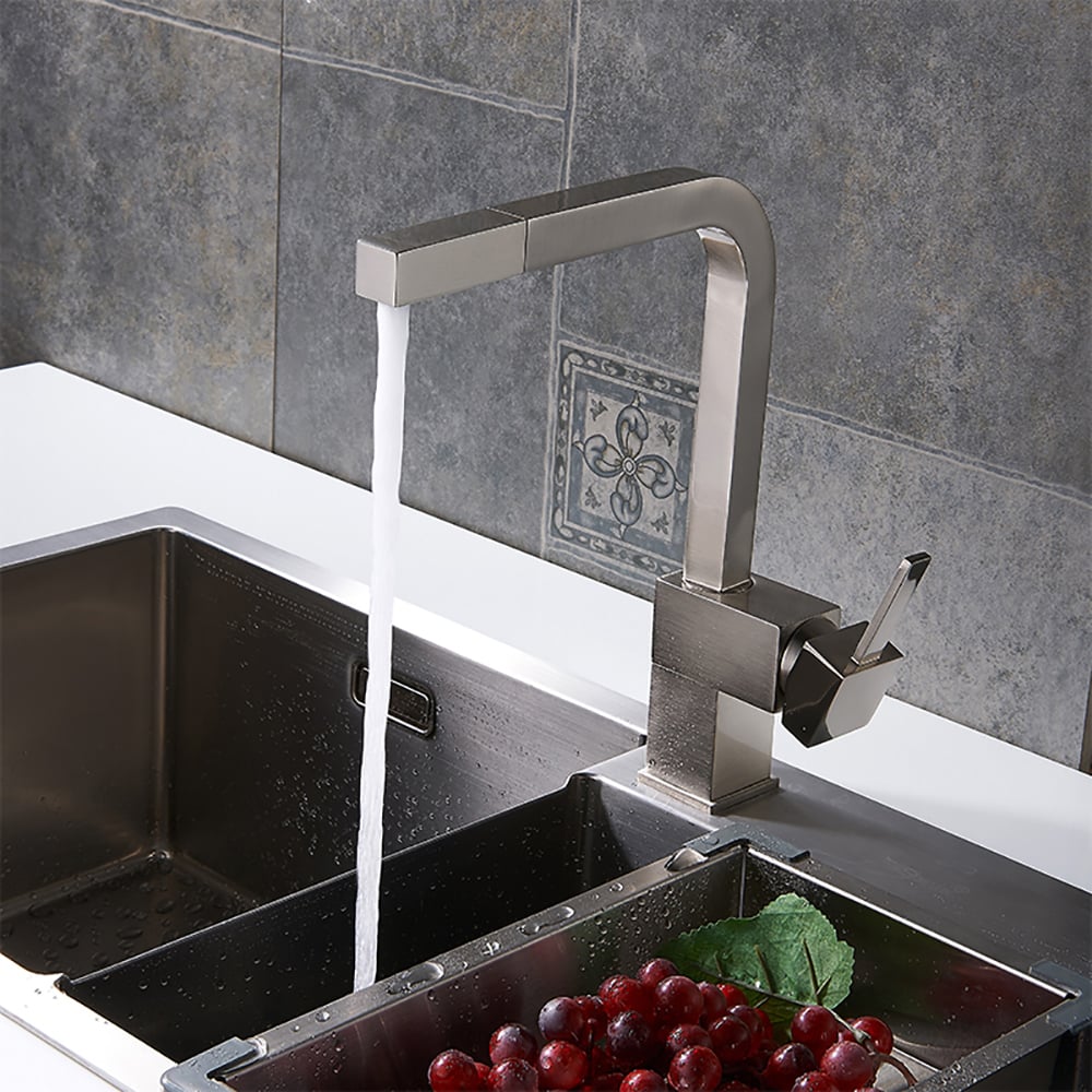 Questions and Answers for Contemporary Single Handle Square Pull-Out Brass Kitchen Faucet in Brushed Nickel