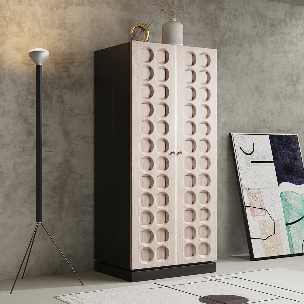 Questions and Answers for Japandi Washed White Wardrobe Closet Oak Veneer Armoire with 3 Drawers & Graphical Doors