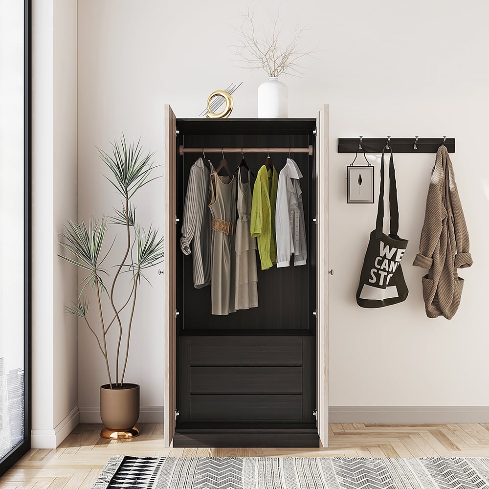 Questions and Answers for Japandi Washed White Wardrobe Closet Oak Veneer Armoire with 3 Drawers & Graphical Doors