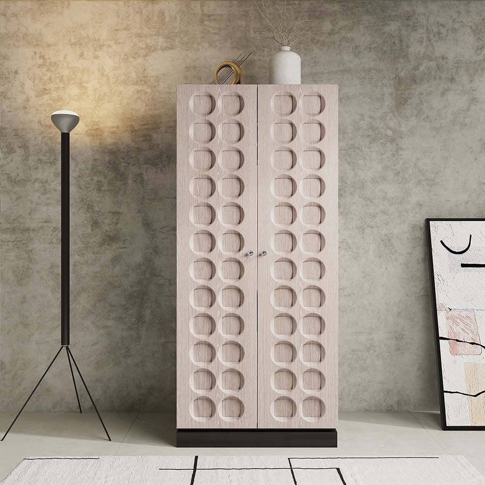 Questions and Answers for Japandi Washed White Wardrobe Closet Oak Veneer Armoire with 3 Drawers & Graphical Doors