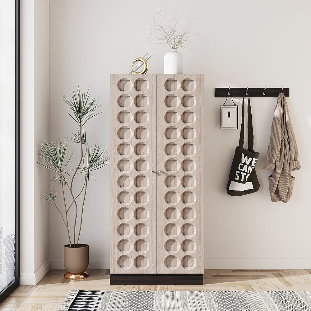 Questions and Answers for Japandi Washed White Wardrobe Closet Oak Veneer Armoire with 3 Drawers & Graphical Doors