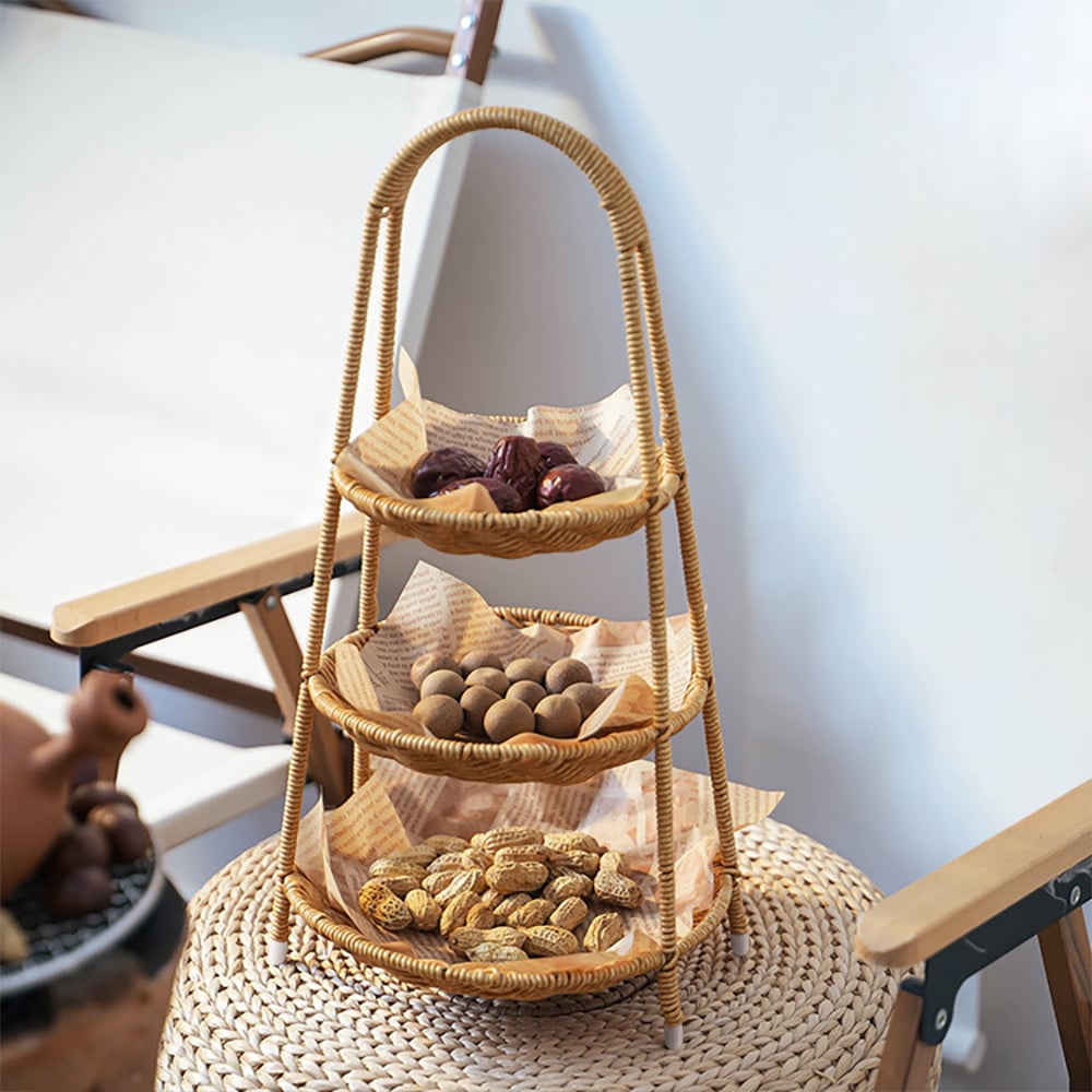 Questions et Réponses pour Corbeille à fruits ronde à 3 niveaux en rotin en PVC, rangement naturel pour cuisine