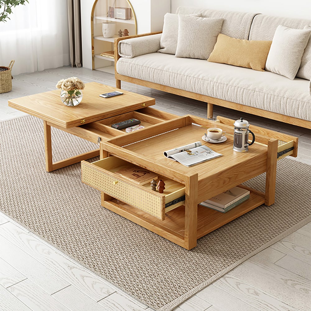 Avaliações de clientes sobre Conjunto de mesa de café dobrável de madeira Japandi, mesa de jantar, mesa de nidificação de rattan