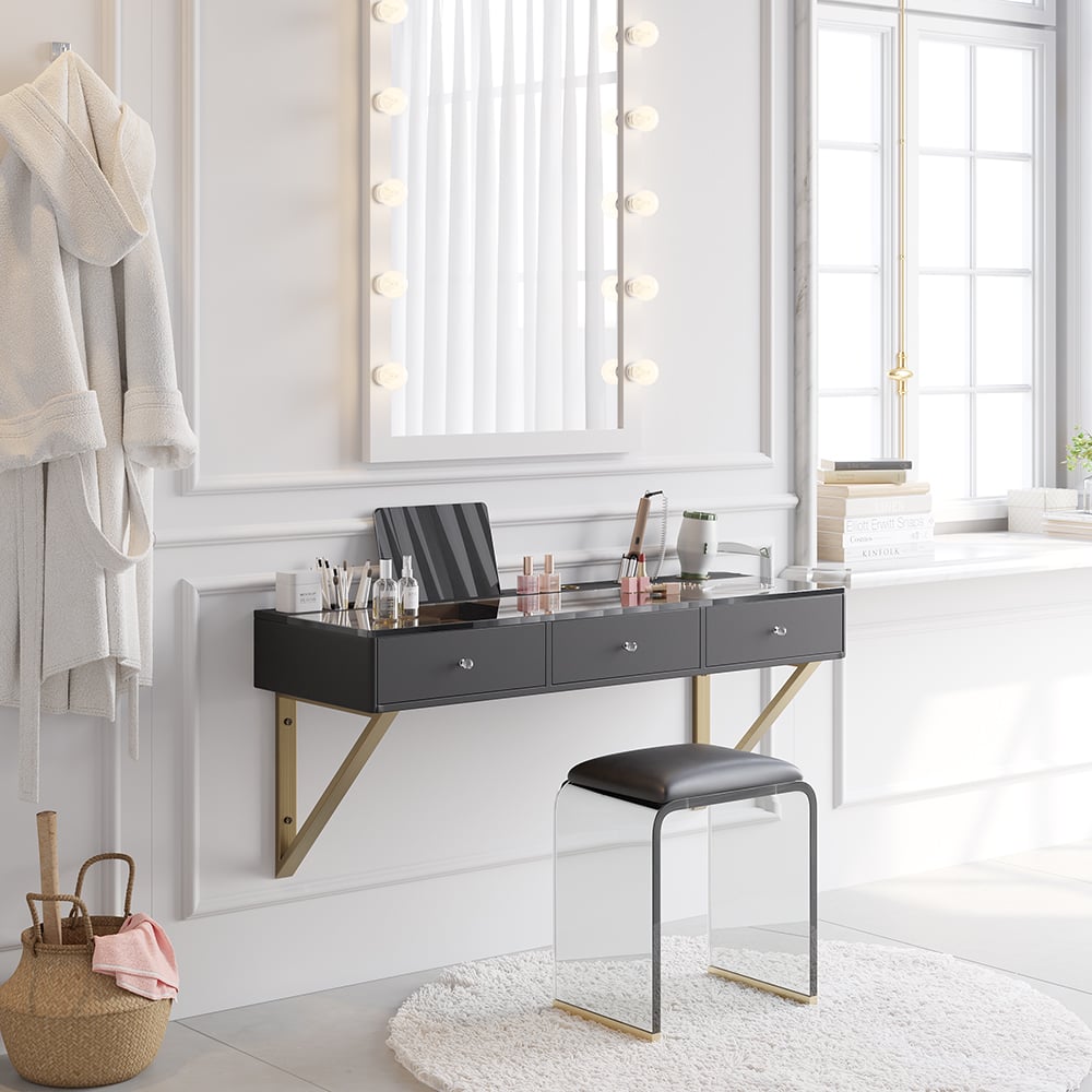 Questions and Answers for 1200mm Leather Floating Tempered Glass Top Makeup Vanity