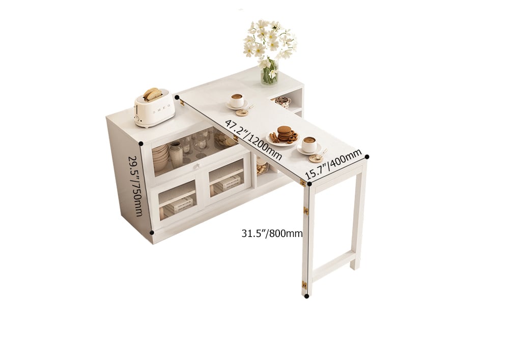 47" White Storage Sideboard Cabinet Extendable Wood Buffet Foldable Dining Table weights dimensions image
