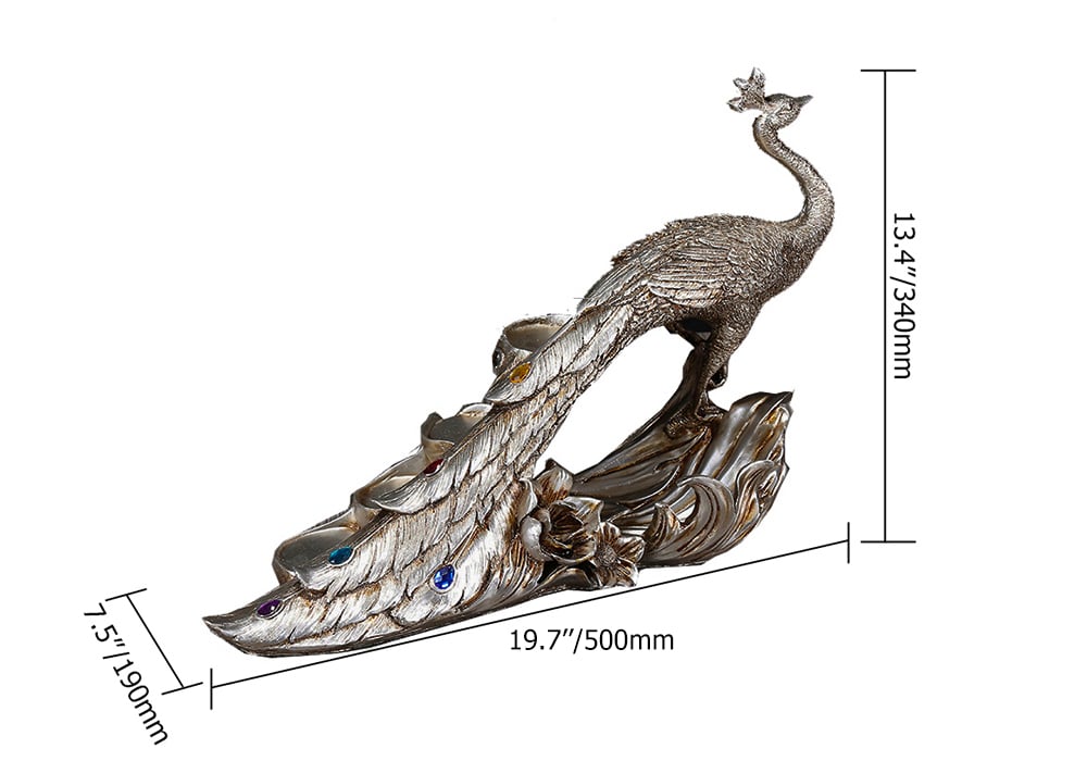 Modern Peacock Wine Glass Rack Tabletop Wine Bottle Holder in Antique Silver weights dimensions image