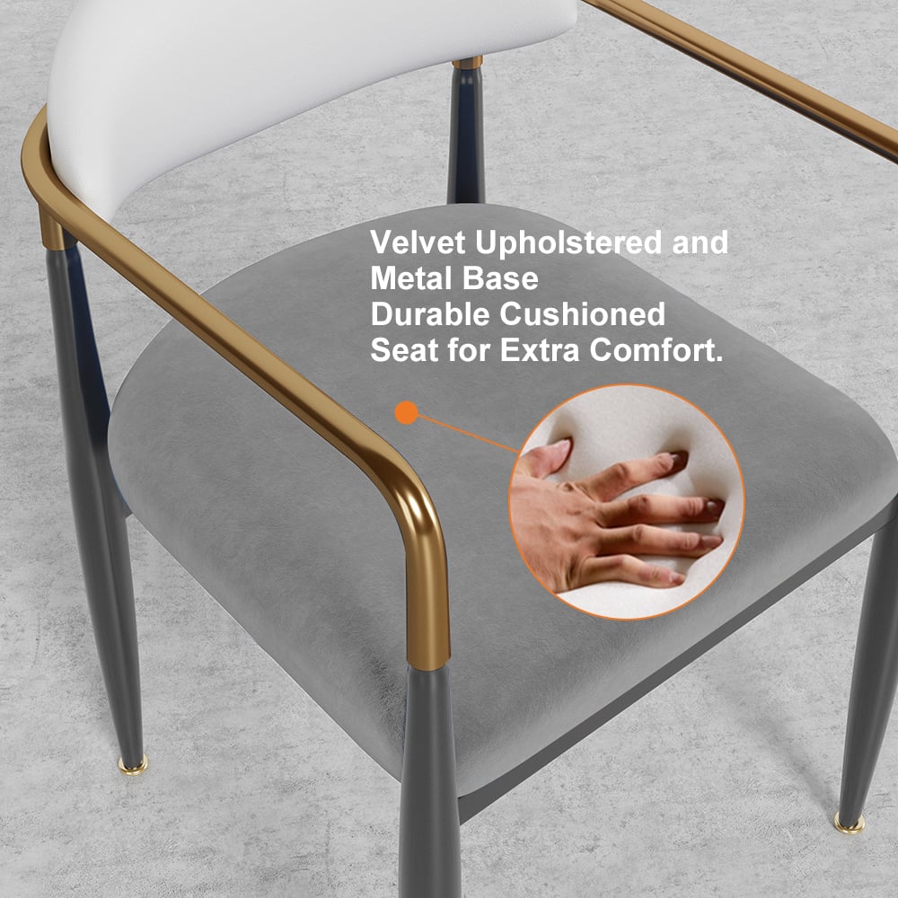 Questions et Réponses pour Chaise de salle à manger Otrast, dossier en cuir PU blanc et gris, fauteuil rembourré en velours (lot de 2)