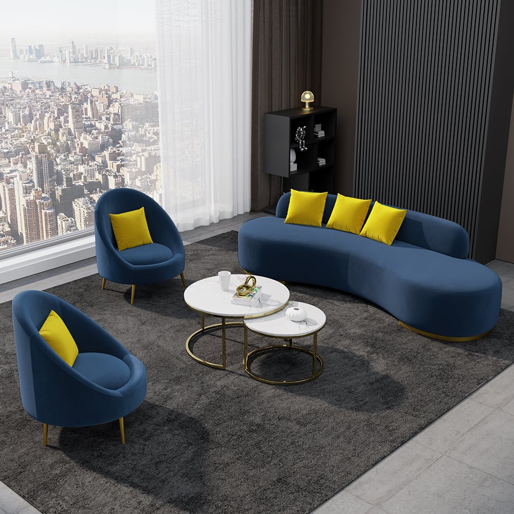 Preguntas y Respuestas para Sofá curvo tapizado de terciopelo azul para sala de estar, juego de 3 con almohadas y sillas de 3 plazas