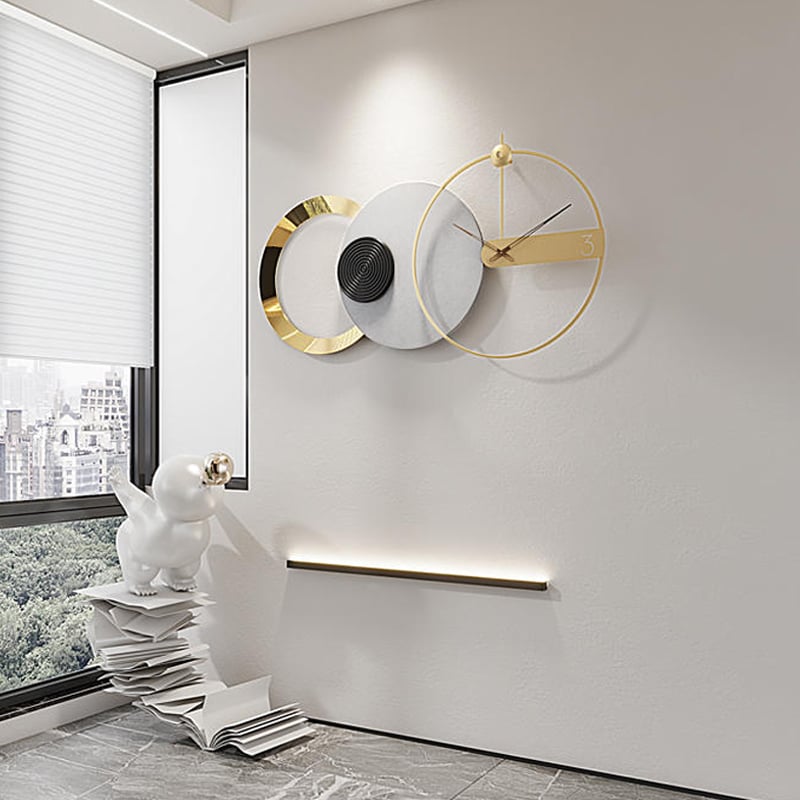 Avis Clients sur Grande horloge murale ronde grise et dorée de 840 mm x 450 mm avec pointeur en bois, décoration d'intérieur moderne