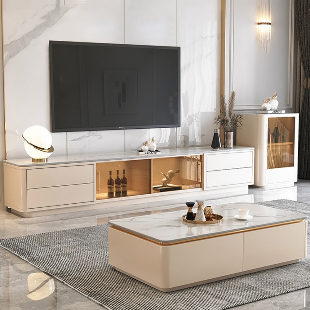 Questions and Answers for 2200mm White Wood Rectangle TV Stand Sintered Stone Top 4-Drawer Glass Doors Cabinet