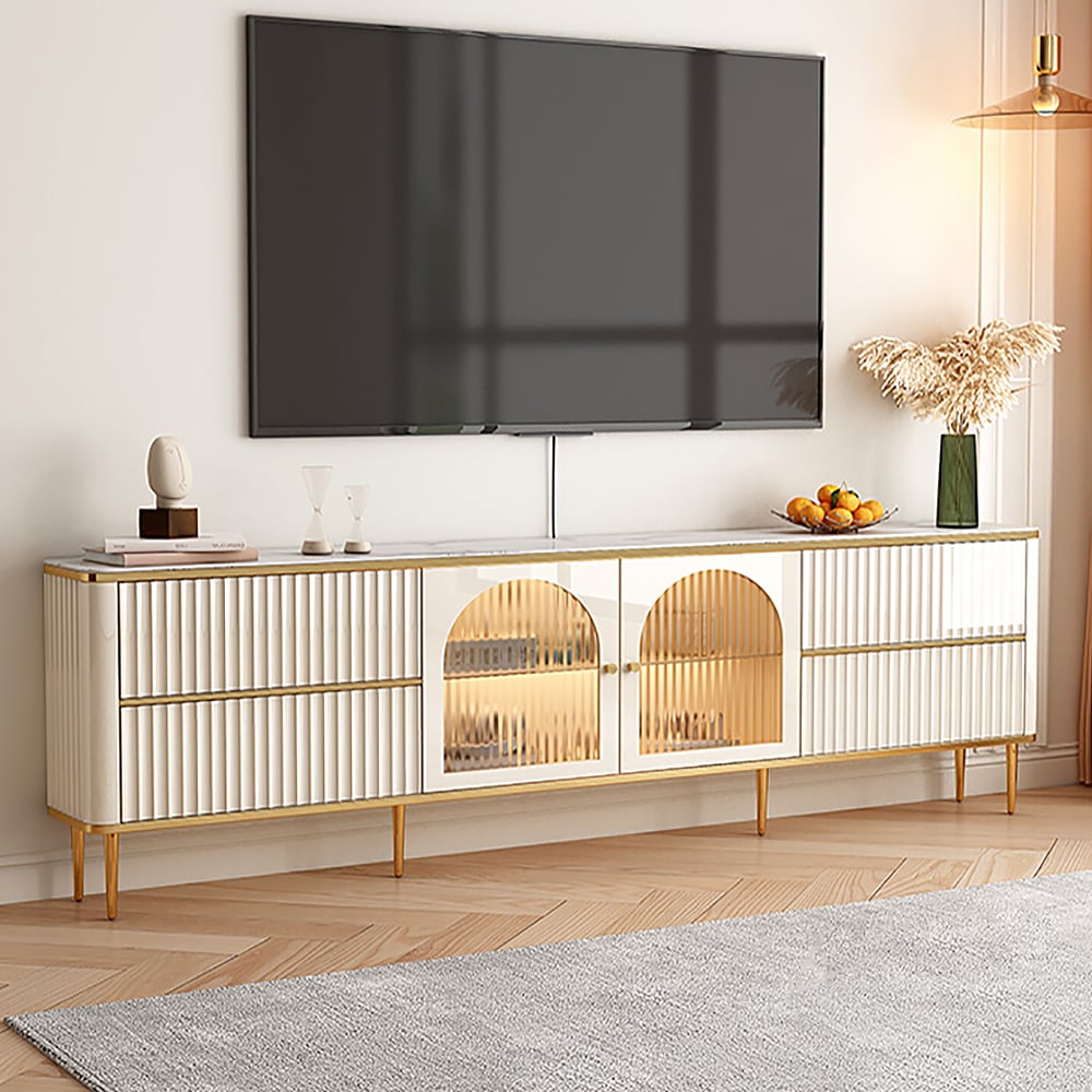 Questions and Answers for 2000mm White Glass Door Fluted Stone TV Stand Wood Media Cabinet with Drawers
