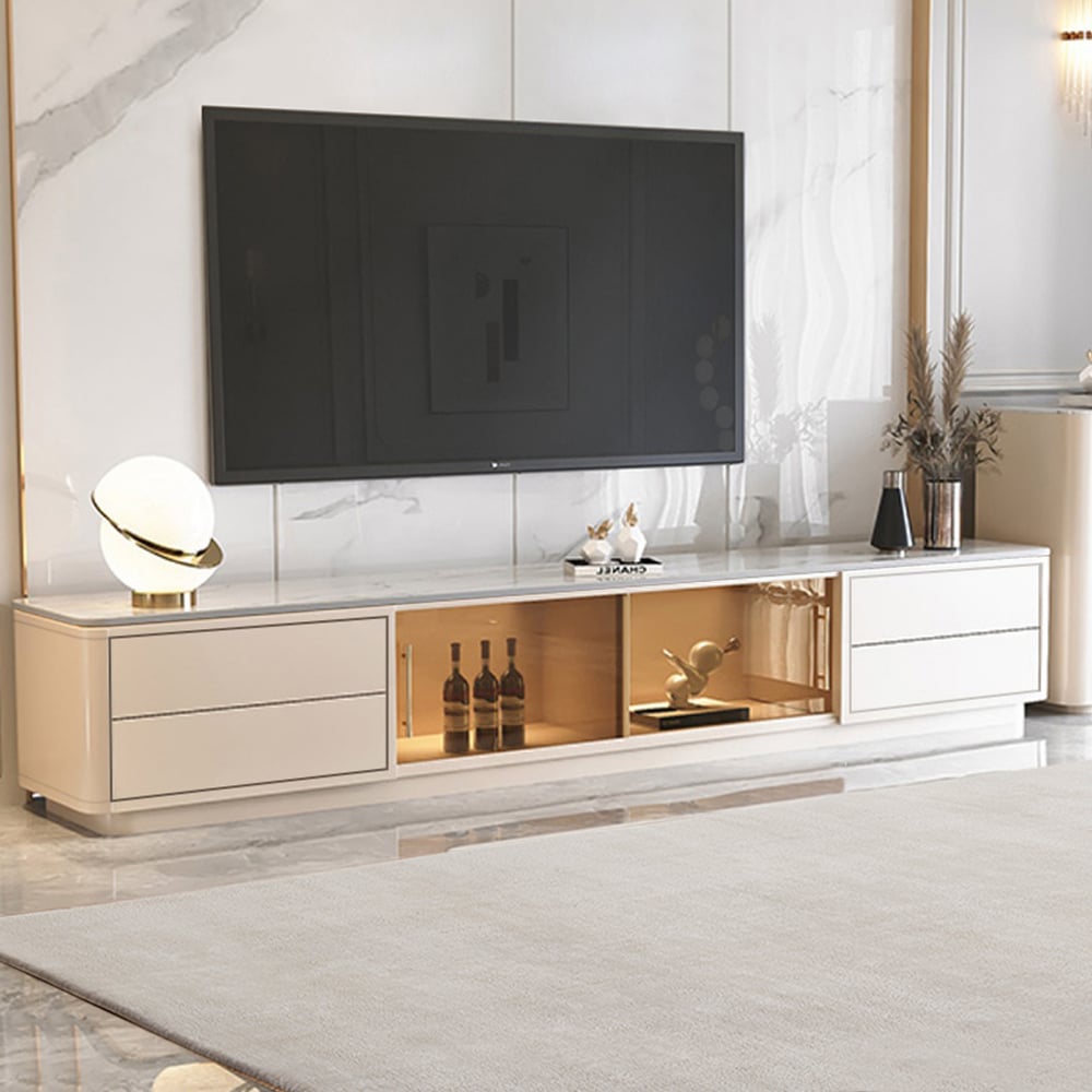 Questions and Answers for 2200mm White Wood Rectangle TV Stand Sintered Stone Top 4-Drawer Glass Doors Cabinet