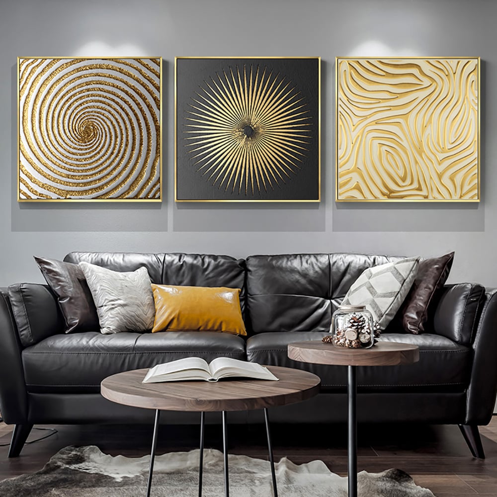 Klantrecensies voor 3-delige glamoureuze vierkante wanddecoratieset abstracte kunst op canvas met frame in goud en zwart