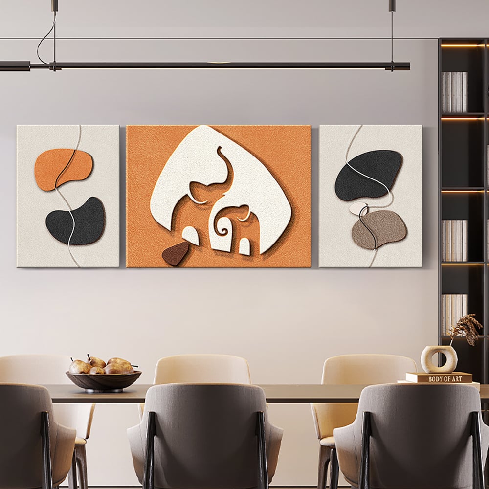 Vragen en antwoorden voor 3-delige wanddecorset met olifanten, moderne 3D-abstracte geometrische schilderkunst, woonkamer