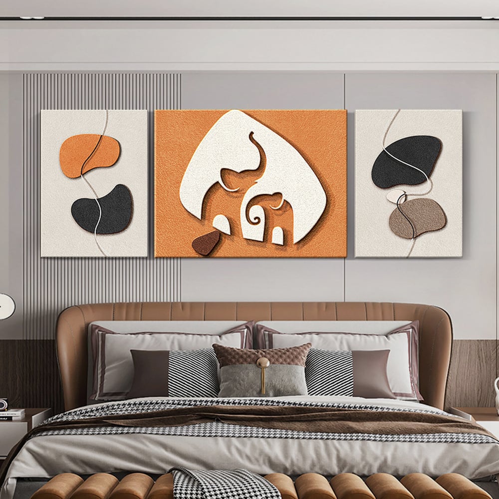 Vragen en antwoorden voor 3-delige wanddecorset met olifanten, moderne 3D-abstracte geometrische schilderkunst, woonkamer