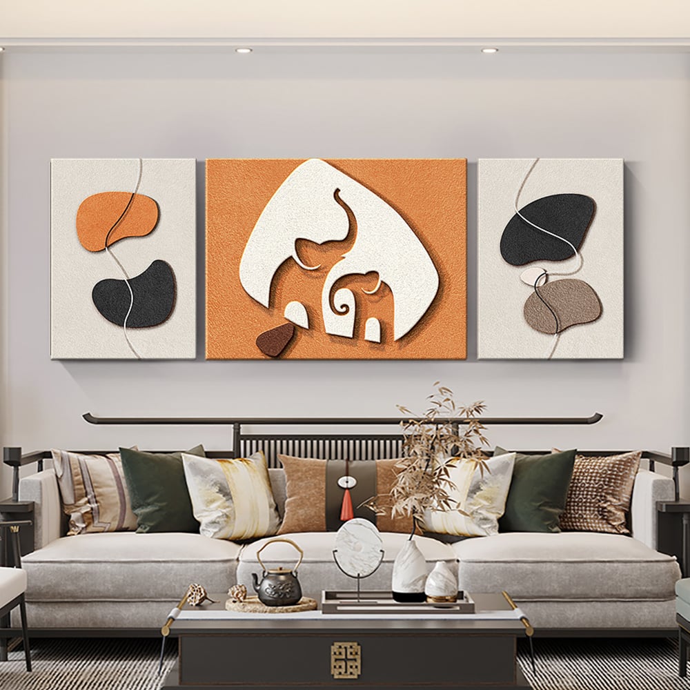 Vragen en antwoorden voor 3-delige wanddecorset met olifanten, moderne 3D-abstracte geometrische schilderkunst, woonkamer