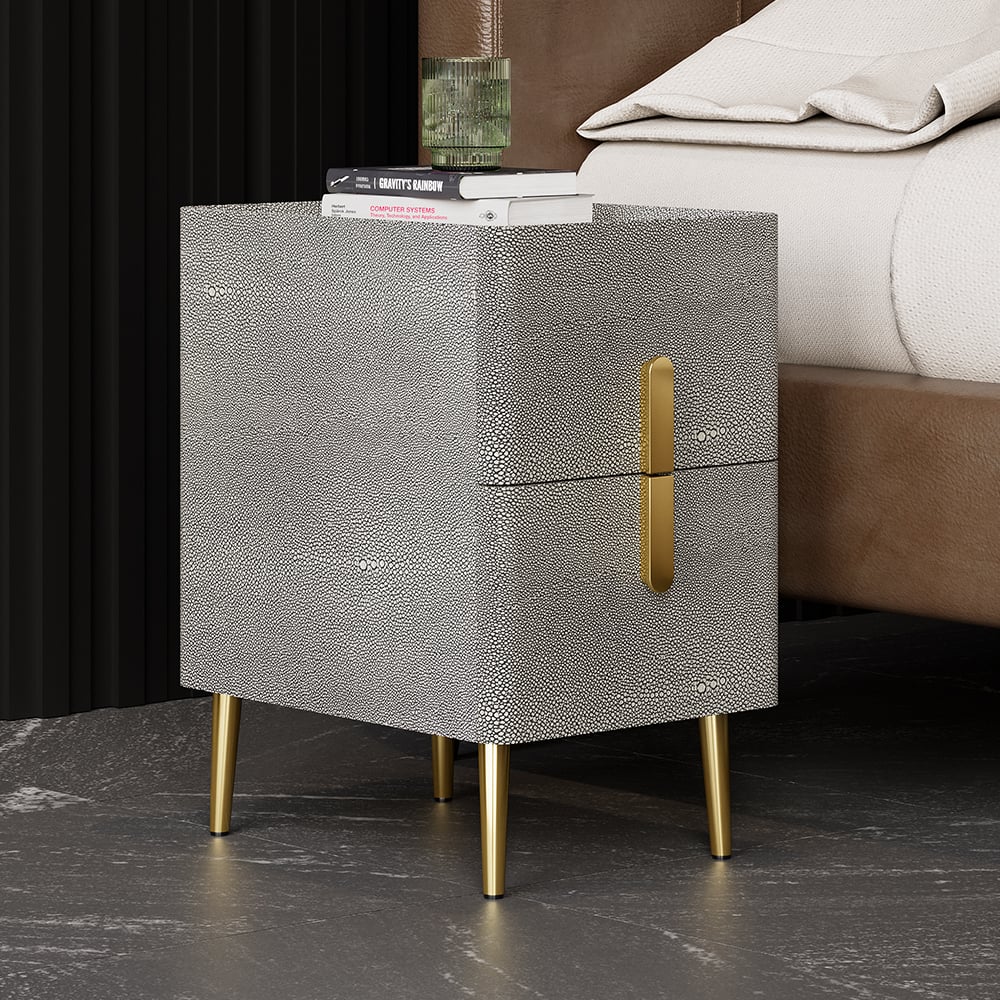 Questions et Réponses pour Table de Chevet Moderne Cuir Shagreen Gris Inarrow avec 2 Tiroirs et Pieds Dorés