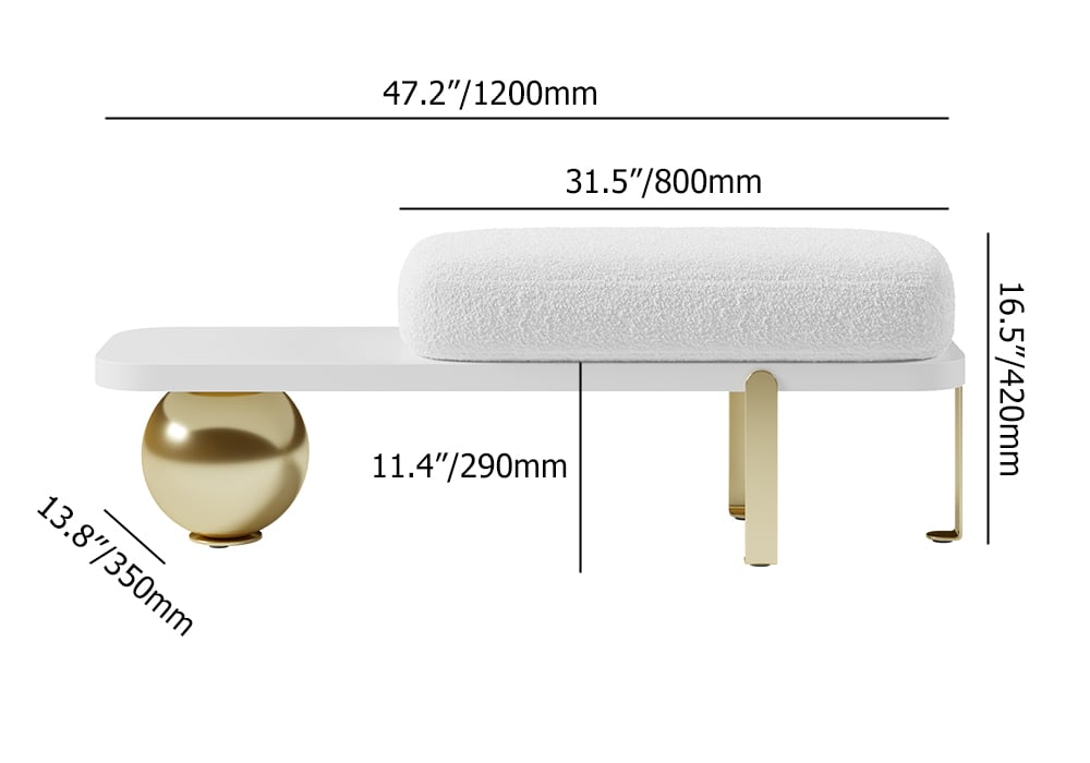 White & Gold Wooden Entryway Bench Fleece Upholstered with Abstract Metal Legs weights dimensions image