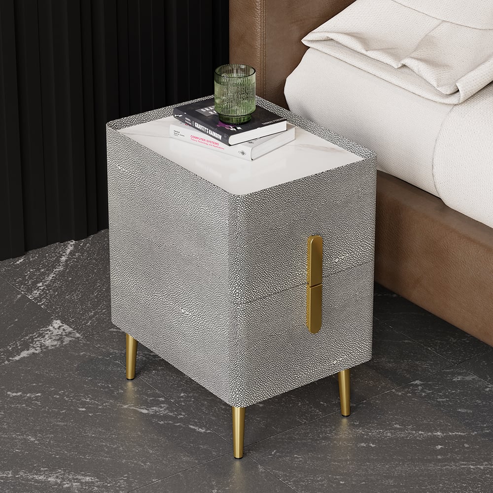 Questions et Réponses pour Table de Chevet Moderne Cuir Shagreen Gris Inarrow avec 2 Tiroirs et Pieds Dorés