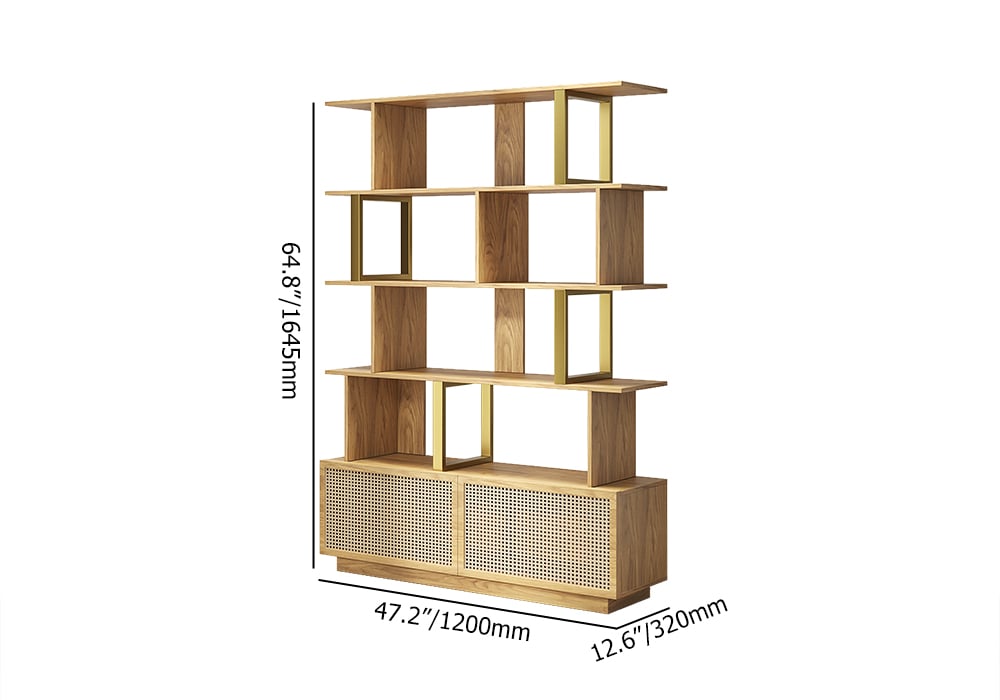 5-Tier Natural Wood Bookshelf with 2 Doors Modern Bookcase in Gold Finish weights dimensions image