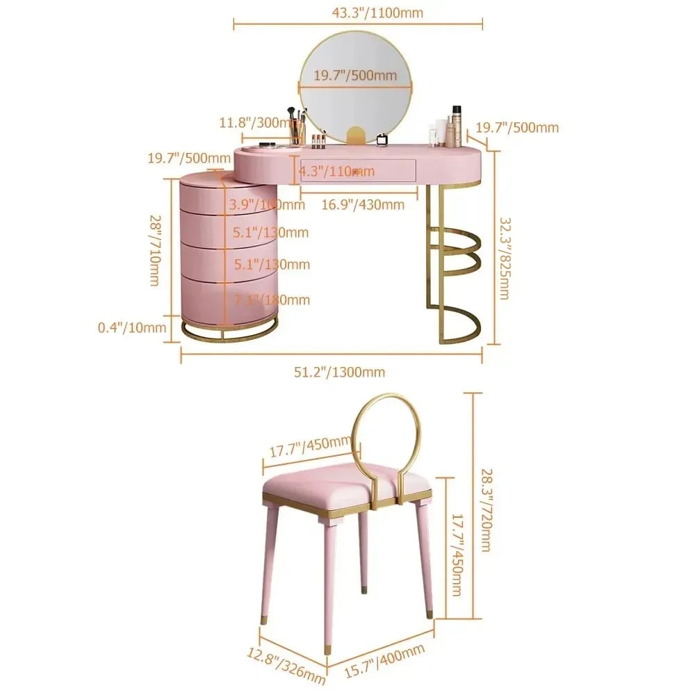 Pink Girls Makeup Vanity Set with Side Cabinet 4 Drawers Dressing Table Mirror & Chair weights dimensions image