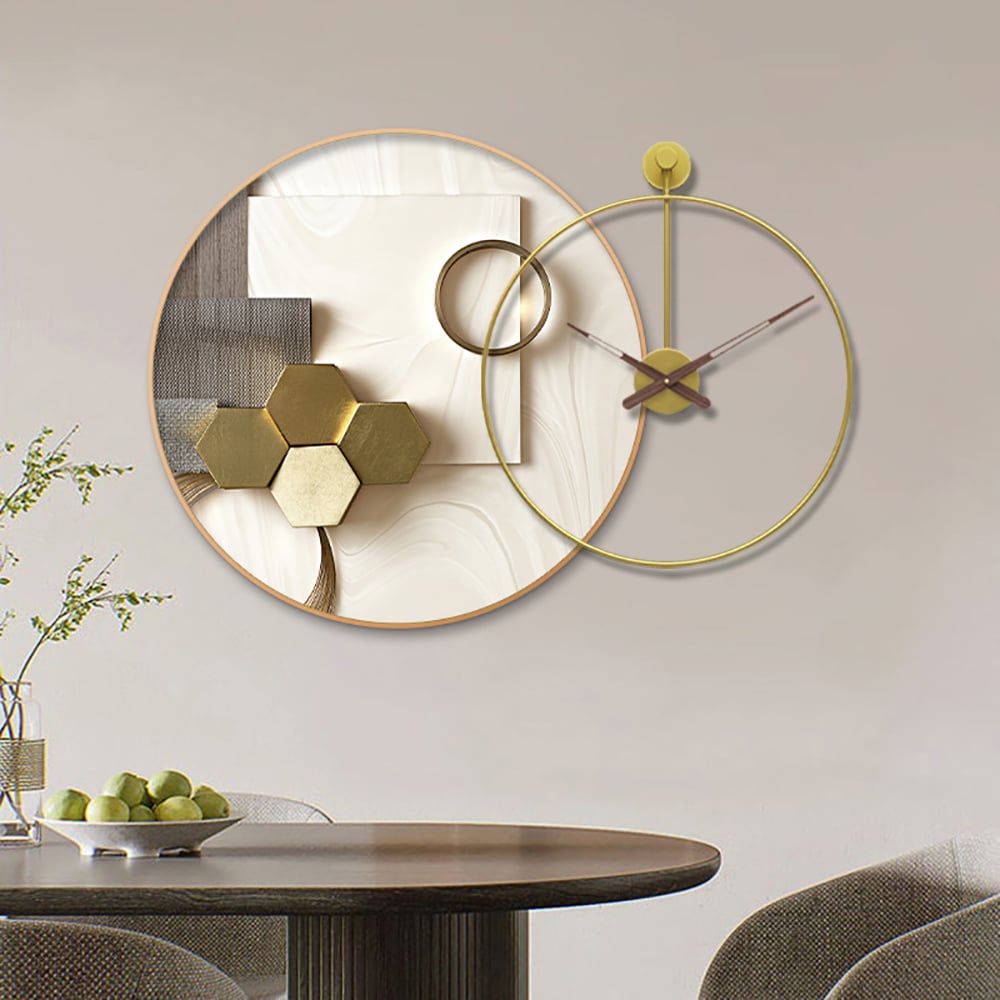 Pytania i odpowiedzi dla Nowoczesny złoty okrągły zegar ścienny na płótnie z nadrukiem dekoracyjnym z drewnianym wskaźnikiem